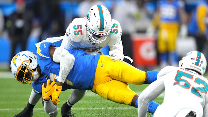 Dec 11, 2022; Inglewood, California, USA; Miami Dolphins linebacker Jerome Baker (55) and linebacker