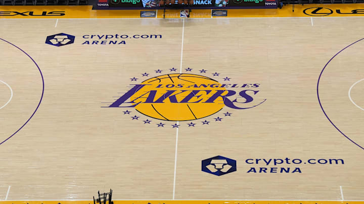 Dec 18, 2023; Los Angeles, California, USA; The Los Angeles Lakers logo at center court at the Crypto.com Arena. Mandatory Credit: Kirby Lee-Imagn Images