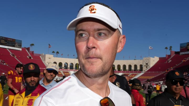 Sep 28, 2024; Los Angeles, California, USA; Southern California Trojans head coach Lincoln Riley reacts after a game against the Wisconsin Badgers at United Airlines Field at Los Angeles Memorial Coliseum. Mandatory Credit: Kirby Lee-Imagn Images
