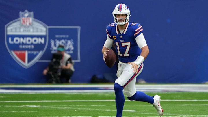 Buffalo Bills quarterback Josh Allen (17) throws the ball against the Jacksonville Jaguars in the second half of an NFL International Series game at Tottenham Hotspur Stadium.