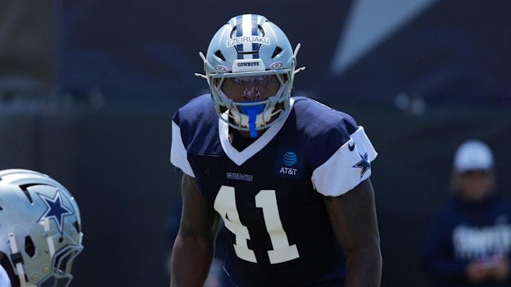 Dallas Cowboys defensive end Donovan Ezeiruaku at training camp at the River Ridge Fields in Oxnard, California. 