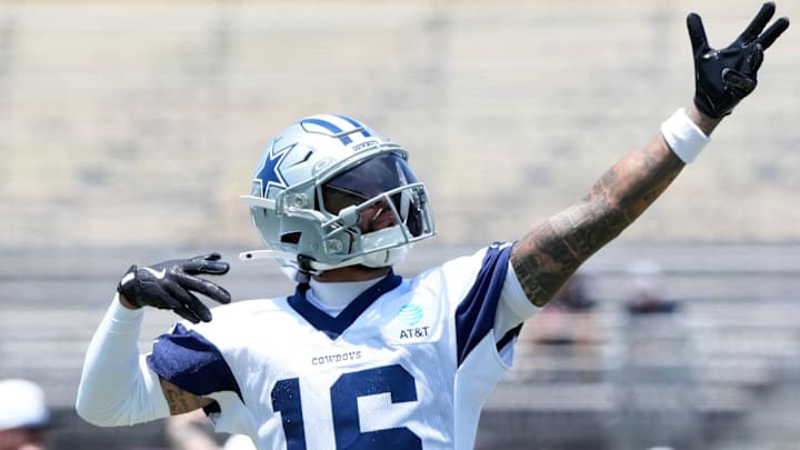 Dallas Cowboys receiver Jalen Cropper gestures during training camp at the River Ridge Fields