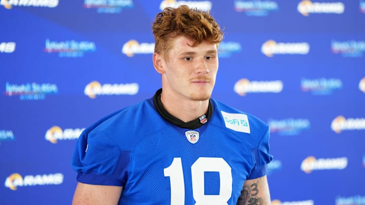 May 28, 2025; Woodland Hills, CA, USA; Los Angeles Rams tight end Terrance Ferguson (18) at press conference during organized team activities at Rams Practice Facility. Mandatory Credit: Kirby Lee-Imagn Images
