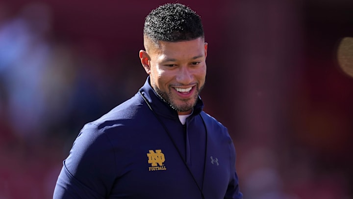 Nov 30, 2024; Los Angeles, California, USA; Notre Dame Fighting Irish head coach Marcus Freeman during a game against the Southern California Trojans at United Airlines Field at Los Angeles Memorial Coliseum. Nov 30, 2024; Los Angeles, California, USA; Notre Dame Fighting Irish head coach Marcus Freeman during a game against the Southern California Trojans at United Airlines Field at Los Angeles Memorial Coliseum.