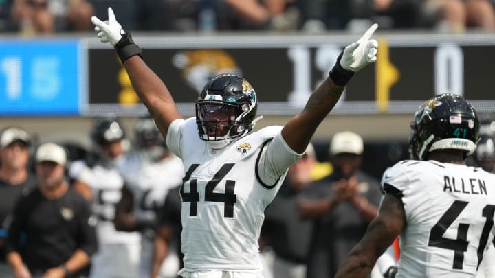 Sep 25, 2022; Inglewood, California, USA; Jacksonville Jaguars linebacker Travon Walker (44) celebrates against the Los Angeles Chargers in the first half at SoFi Stadium. Mandatory Credit: Kirby Lee-USA TODAY Sports