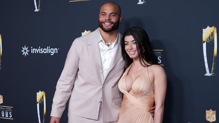 Feb 5, 2026; San Francisco, CA, USA; Dallas Cowboys quarterback Dak Prescott and Sarah Jane Ramos pose on the NFL Honors Red Carpet before Super Bowl LX at Palace of Fine Arts.