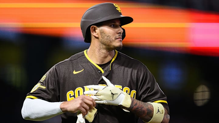 Apr 17, 2026; Anaheim, California, USA; San Diego Padres third baseman Manny Machado (13) looks on after being called out following an ABS challenge during the fourth inning against the Los Angeles Angels at Angel Stadium. Mandatory Credit: William Liang-Imagn Images