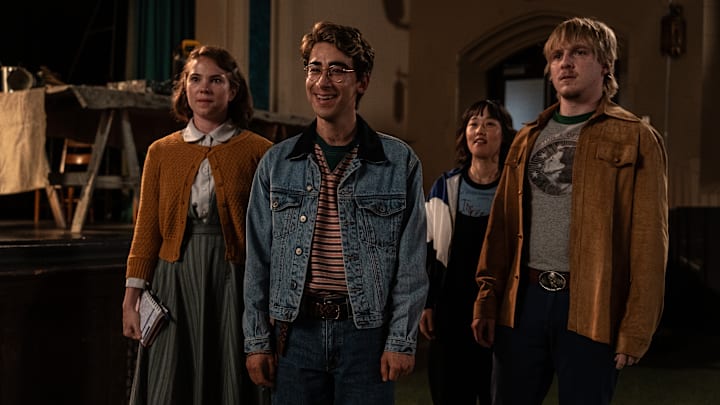 L-R: Jess Gabor as Janet Hamilton, Nick Pugliese as Charley, Ci Hang Ma as Quinn, and Miles Elliot as Yuri in School Spirits season 3