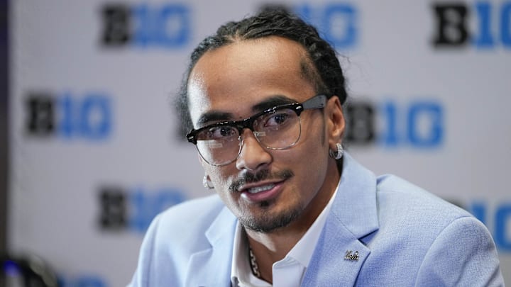 Jul 24, 2025; Las Vegas, NV, USA; UCLA quarterback Nico Iamaleava speaks to the media during the Big Ten NCAA college football media days at Mandalay Bay Resort. Mandatory Credit: Lucas Peltier-Imagn Images