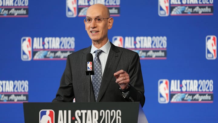 Feb 14, 2026; Los Angeles, CA, USA; NBA commissioner Adam Silver speaks to the media during a press conference before 2026 NBA All Star Saturday Night at Intuit Dome. Mandatory Credit: Kirby Lee-Imagn Images