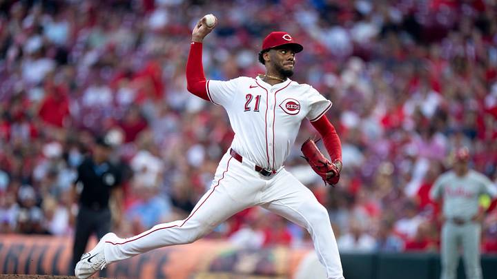 Cincinnati Reds pitcher Hunter Greene (21) pitches in the sixth inning between Cincinnati Reds and Philadelphia Phillies at Great American Ball Park in Cincinnati on Aug. 13, 2025. Cincinnati Reds pitcher Hunter Greene (21) pitches in the sixth inning between Cincinnati Reds and Philadelphia Phillies at Great American Ball Park in Cincinnati on Aug. 13, 2025.