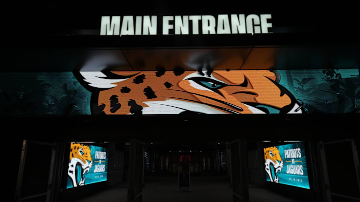 Oct 17, 2024; London, United Kingdom; Jacksonville Jaguars logos at the main entrance to Wembley Stadium. Mandatory Credit: Kirby Lee-Imagn Images