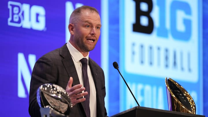 Jul 23, 2025; Las Vegas, NV, USA; Northwestern head coach David Braun speaks to the media during the Big Ten NCAA college football media days at Mandalay Bay Resort. Mandatory Credit: Lucas Peltier-Imagn Images
