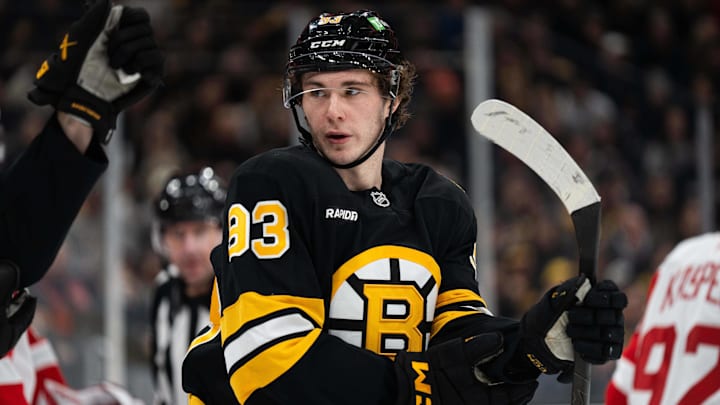 Jan 13, 2026; Boston, Massachusetts, USA; Boston Bruins center Fraser Minten (93) after a whistle during the first period against the Detroit Red Wings at TD Garden. Mandatory Credit: Natalie Reid-Imagn Images