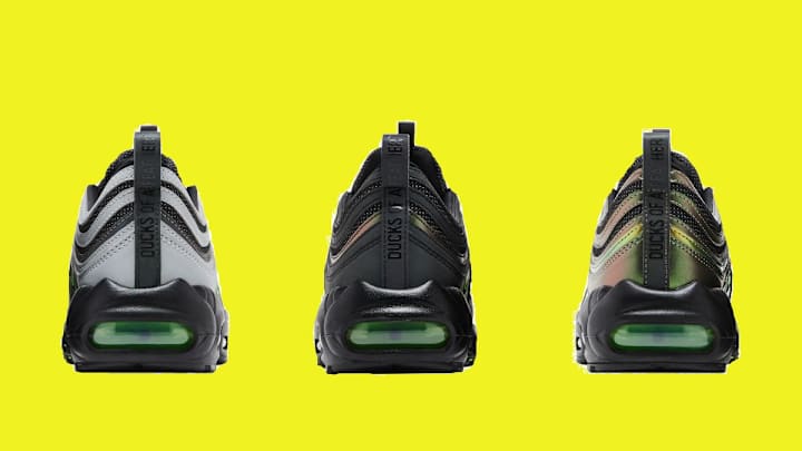 The Nike Air Max 95/97 in three Oregon Ducks-inspired colorways. 