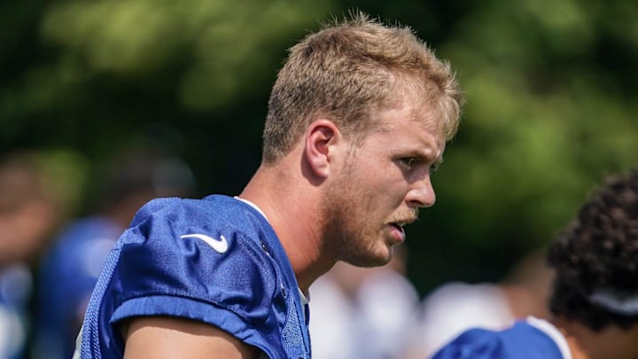 Indianapolis Colts Player Hunter Wohler (30) stretches with teammates during the Colts training camp at Grand Park on Saturday, July 26, 2025, in Westfield, Ind.