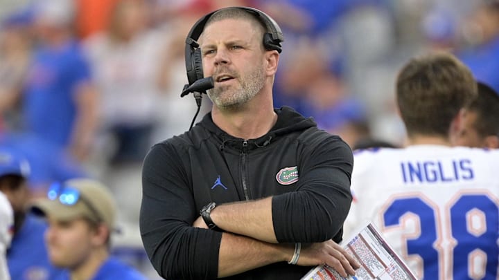 Nov 2, 2024; Jacksonville, Florida, USA; Florida Gators head coach Billy Napier reacts during the second half against the Georgia Bulldogs at EverBank Stadium. Mandatory Credit: Melina Myers-Imagn Images