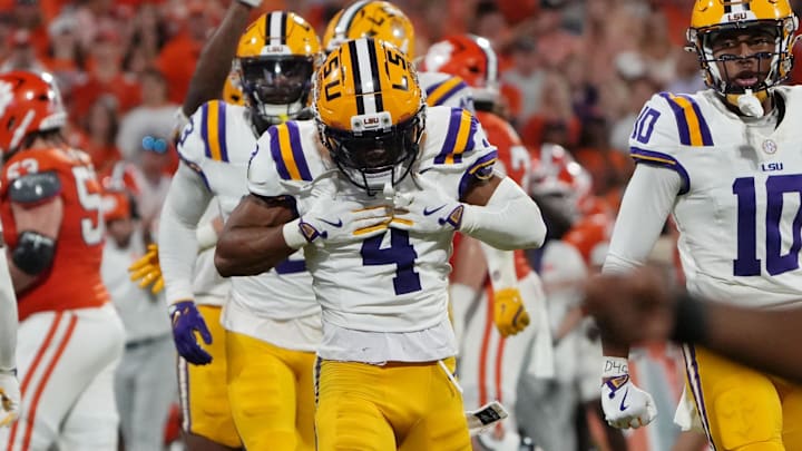 Aug 30, 2025; Clemson, South Carolina, USA; LSU Tigers cornerback Mansoor Delane (4) celebrates after a play against the Clemson Tigers during the second half at Memorial Stadium. Mandatory Credit: Ken Ruinard-USA TODAY Network via Imagn Images