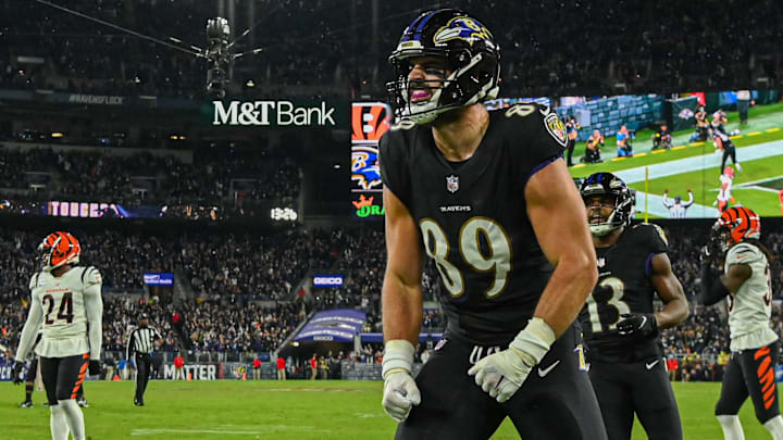 Oct 9, 2022; Baltimore, Maryland, USA; Baltimore Ravens tight end Mark Andrews (89) celebrates