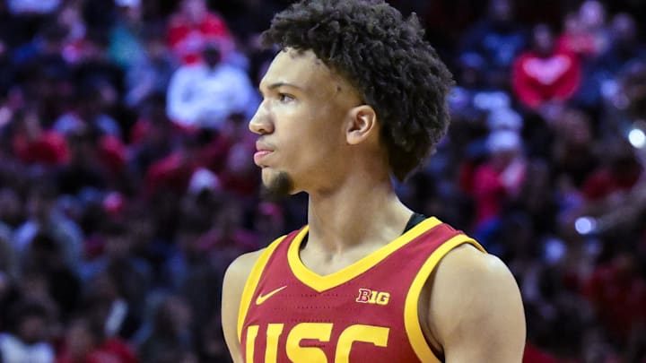 Feb 23, 2025; Piscataway, New Jersey, USA; USC Trojans guard Desmond Claude (1) during a game against the Rutgers Scarlet Knights at Jersey Mike's Arena. Mandatory Credit: John Jones-Imagn Images