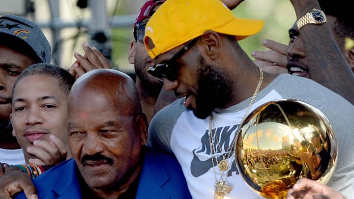 Jun 22, 2016; Cleveland, OH, USA; Former Cleveland Browns player Jim Brown, a member of the last team to win a major Cleveland championship stands with Cleveland Cavaliers forward LeBron James during the Cleveland Cavaliers NBA championship celebration in downtown Cleveland. Mandatory Credit: Ken Blaze-Imagn Images

