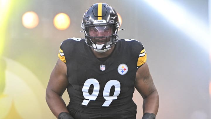 Aug 16, 2025; Pittsburgh, Pennsylvania, USA; Pittsburgh Steelers defensive tackle Derrick Harmon (99) is introduced  for a game against the Tampa Bay Buccaneers at Acrisure Stadium. Mandatory Credit: Barry Reeger-Imagn Images