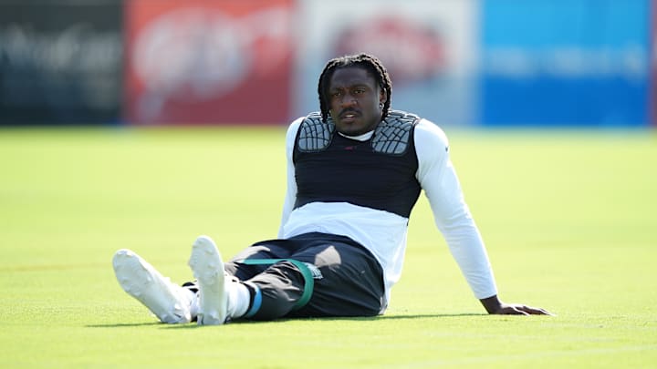 Jul 24, 2025; Philadelphia, PA, USA; Philadelphia Eagles wide receiver A.J. Brown (11) warms up during training camp at NovaCare Complex. 