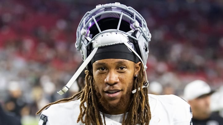 Aug 23, 2025; Glendale, Arizona, USA; Las Vegas Raiders cornerback Eric Stokes (22) against the Arizona Cardinals during a preseason NFL game at State Farm Stadium. Mandatory Credit: Mark J. Rebilas-Imagn Images