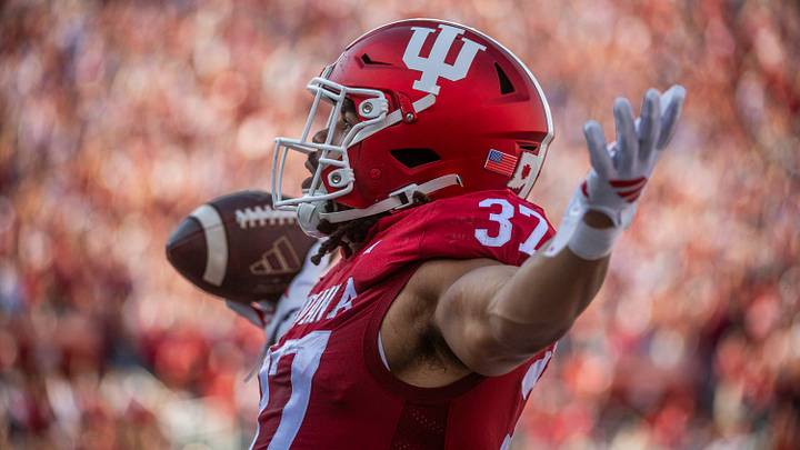 Indiana's Riley Nowakowski (37) celebrates his touchdown during the Indiana versus Wiscsonsin football game at Memorial Stadium on Saturday, Nov. 15, 2025.