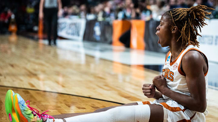 Texas Longhorns guard Bryanna Preston (1) celebrates a defensive play in the second half of the Longhorns' NCAA Playoff Regional semi-final game against the Tennessee Lady Vols at Legacy Arena in Birmingham Alabama, March 29, 2025. Texas Longhorns guard Bryanna Preston (1) celebrates a defensive play in the second half of the Longhorns' NCAA Playoff Regional semi-final game against the Tennessee Lady Vols at Legacy Arena in Birmingham Alabama, March 29, 2025.