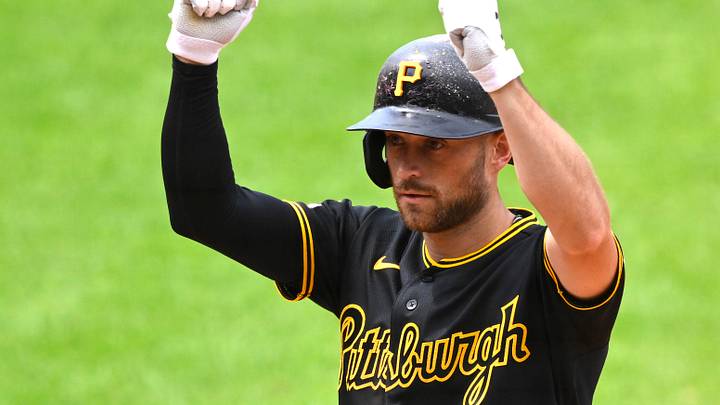 Jul 18, 2026; Cleveland, Ohio, USA; Pittsburgh Pirates second baseman Brandon Lowe (5) celebrates his single in the eighth inning against the Cleveland Guardians at Progressive Field. Mandatory Credit: David Richard-Imagn Images Jul 18, 2026; Cleveland, Ohio, USA; Pittsburgh Pirates second baseman Brandon Lowe (5) celebrates his single in the eighth inning against the Cleveland Guardians at Progressive Field. Mandatory Credit: David Richard-Imagn Images
