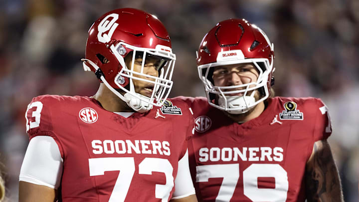 Oklahoma Sooners offensive lineman Isaiah Dent (73) and Jake Taylor (79) against the Alabama Crimson Tide during the CFP National Playoff First Round at Gaylord Family Oklahoma Memorial Stadium. Oklahoma Sooners offensive lineman Isaiah Dent (73) and Jake Taylor (79) against the Alabama Crimson Tide during the CFP National Playoff First Round at Gaylord Family Oklahoma Memorial Stadium.