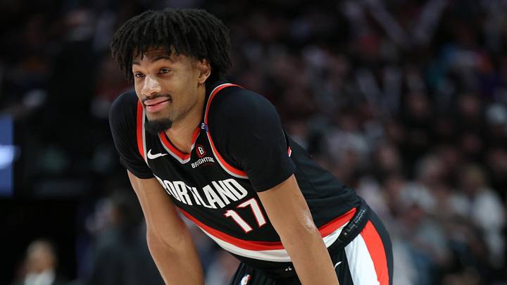 Mar 25, 2025; Portland, Oregon, USA; Portland Trail Blazers guard Shaedon Sharpe (17) reacts during a break in the action in the second half against the Cleveland Cavaliers at Moda Center. Mandatory Credit: Jaime Valdez-Imagn Images