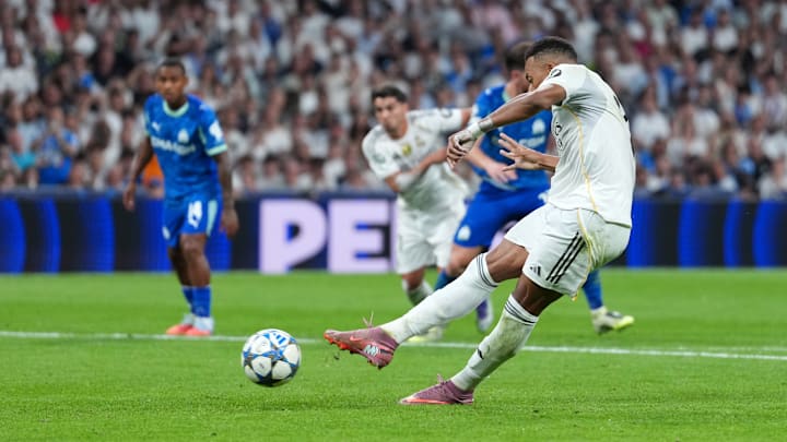 Kylian Mbappé, buteur sur penalty avec le Real Madrid contre l'OM mardi soir en Ligue des Champions