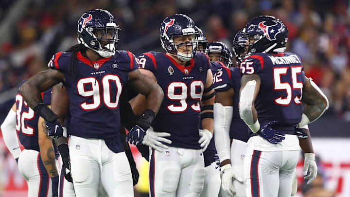 Jan 5, 2019; Houston, TX, USA; Houston Texans defensive end Jadeveon Clowney (90), defensive end J.J. Watt (99) and linebacker Benardrick McKinney (55) against the Indianapolis Colts in the AFC Wild Card playoff football game at NRG Stadium. Mandatory Credit: Mark J. Rebilas-Imagn Images