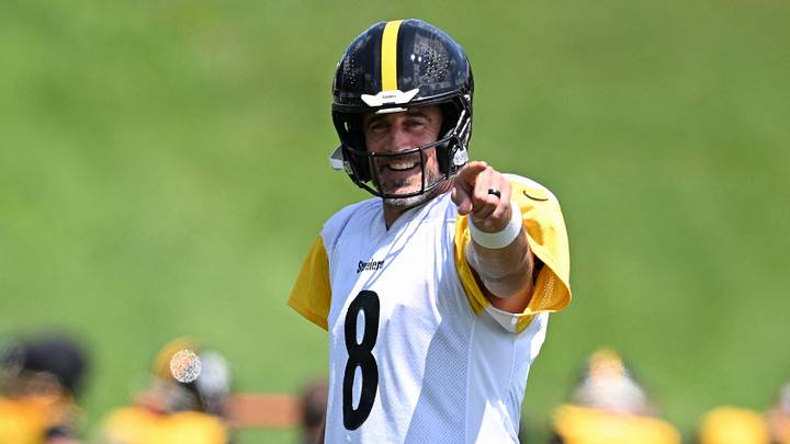 Aug 03, 2026; Latrobe, PA, USA; Pittsburgh Steelers quarterbacks Aaron Rodgers (8) reacts during a practice session at Training camp at Saint Vincent College. Mandatory Credit: Barry Reeger-Imagn Images Aug 03, 2026; Latrobe, PA, USA; Pittsburgh Steelers quarterbacks Aaron Rodgers (8) reacts during a practice session at Training camp at Saint Vincent College. Mandatory Credit: Barry Reeger-Imagn Images