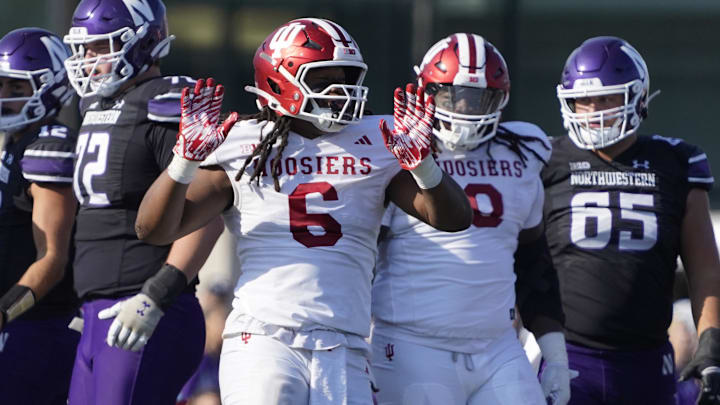 Indiana Hoosiers defensive lineman Mikail Kamara (6) gestures after sacking the Northwestern Wildcats quarterback during the first half at Lanny and Sharon Martin Stadium.