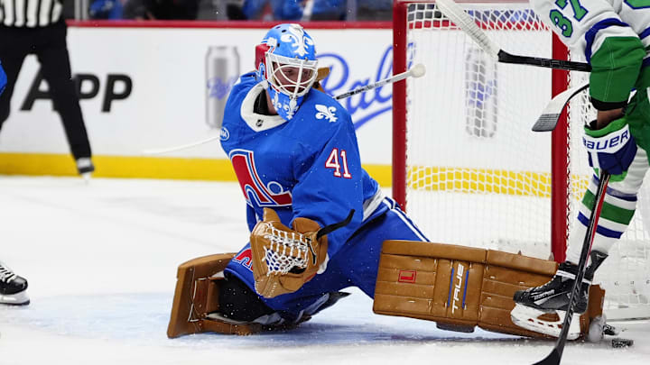 Oct 23, 2025; Denver, Colorado, USA; Colorado Avalanche goaltender Scott Wedgewood (41) defends the net in the first period against the Carolina Hurricanes at Ball Arena. Mandatory Credit: Ron Chenoy-Imagn Images