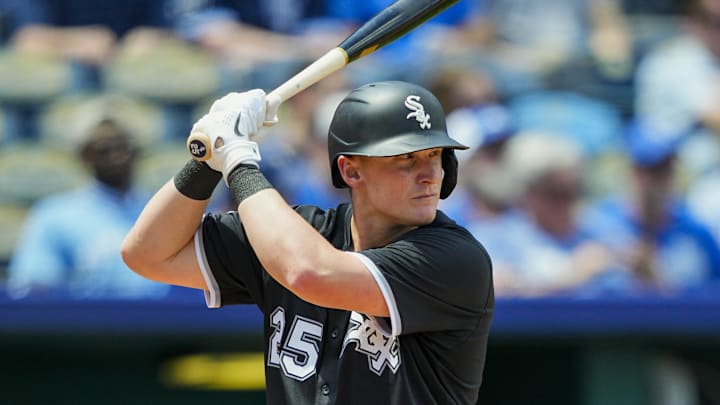 Chicago White Sox first baseman Andrew Vaughn (25) bats against the Kansas City Royals at Kauffman Stadium.