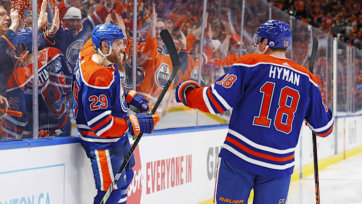 Edmonton Oilers forward Leon Draisaitl (29) celebrates after goal