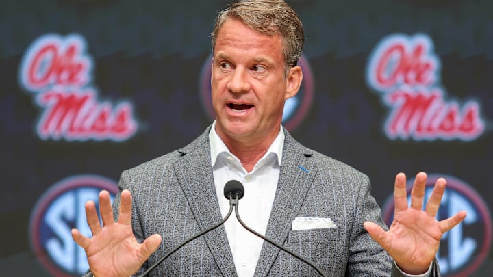 Ole Miss Rebels head coach Lane Kiffin speaks to the media during SEC Media Day at Omni Atlanta Hotel.