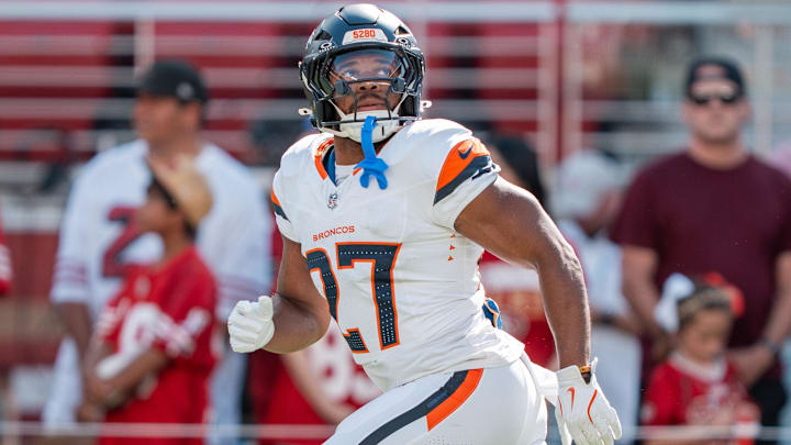 August 9, 2025; Santa Clara, California, USA; Denver Broncos running back J.K. Dobbins (27) warms up before the game against the San Francisco 49ers at Levi's Stadium. 