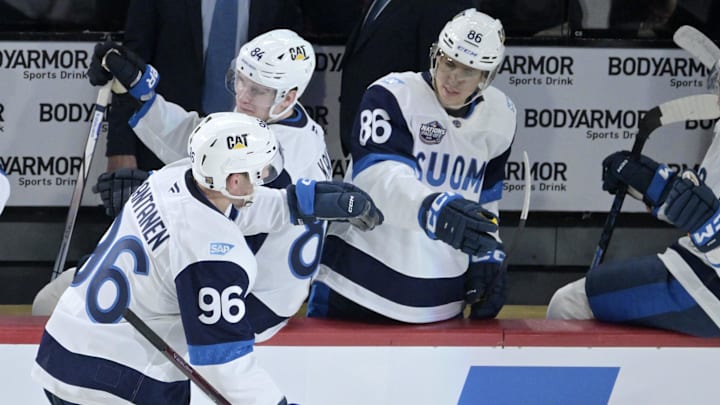 Feb 15, 2025; Montreal, Quebec, CAN; [Imagn Images direct customers only] Team Finland forward Mikko Rantanen (96) celebrates with teammates after scoring a goal against Team Sweden in the first period during a 4 Nations Face-Off ice hockey game at the Bell Centre. Mandatory Credit: Eric Bolte-Imagn Images