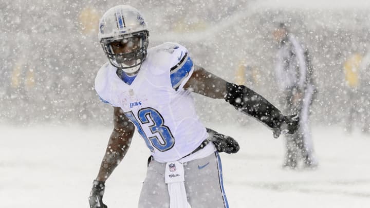 Dec 8, 2013; Philadelphia, PA, USA; Detroit Lions wide receiver Nate Burleson (13) lines up during the first quarter against the Philadelphia Eagles at Lincoln Financial Field. The Eagles defeated the Lions 34-20. Mandatory Credit: Howard Smith-USA TODAY Sports