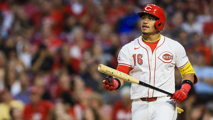 Cincinnati Reds infielder Noelvi Marte (16) at bat in the second inning against the Atlanta Braves at Great American Ball Park. Cincinnati Reds infielder Noelvi Marte (16) at bat in the second inning against the Atlanta Braves at Great American Ball Park.