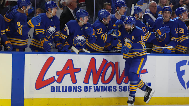 Oct 12, 2024; Buffalo, New York, USA;  Buffalo Sabres right wing Alex Tuch (89) celebrates his goal with teammates during the third period against the Florida Panthers at KeyBank Center. Mandatory Credit: Timothy T. Ludwig-Imagn Images