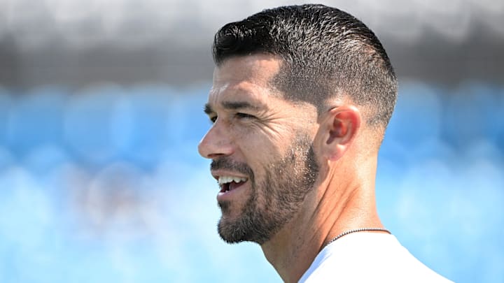 Sep 21, 2025; Charlotte, North Carolina, USA; Carolina Panthers head coach Dave Canales before the game at Bank of America Stadium. 