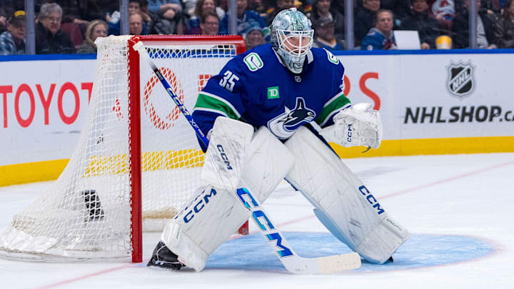 Feb 4, 2025; Vancouver, British Columbia, CAN; Vancouver Canucks goalie Thatcher Demko (35) in the net against the Colorado Avalanche in the third period at Rogers Arena. Mandatory Credit: Bob Frid-Imagn Images