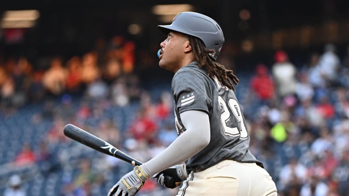 Aug 10, 2024; Washington, District of Columbia, USA;  Washington Nationals left fielder James Wood (29) watches a home run during the second inning against the Los Angeles Angels at Nationals Park. 