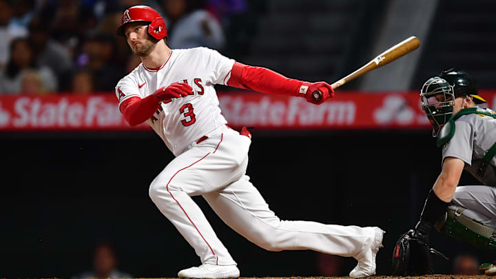 Sep 28, 2022; Anaheim, California, USA; Los Angeles Angels right fielder Taylor Ward (3) reaches